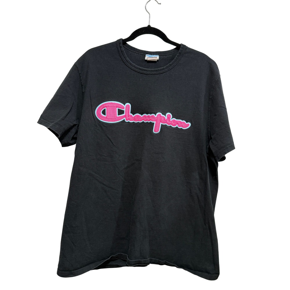 Vintage Champion Mens XL Black T-Shirt Pink Script Logo Crew Neck Cotton Tee